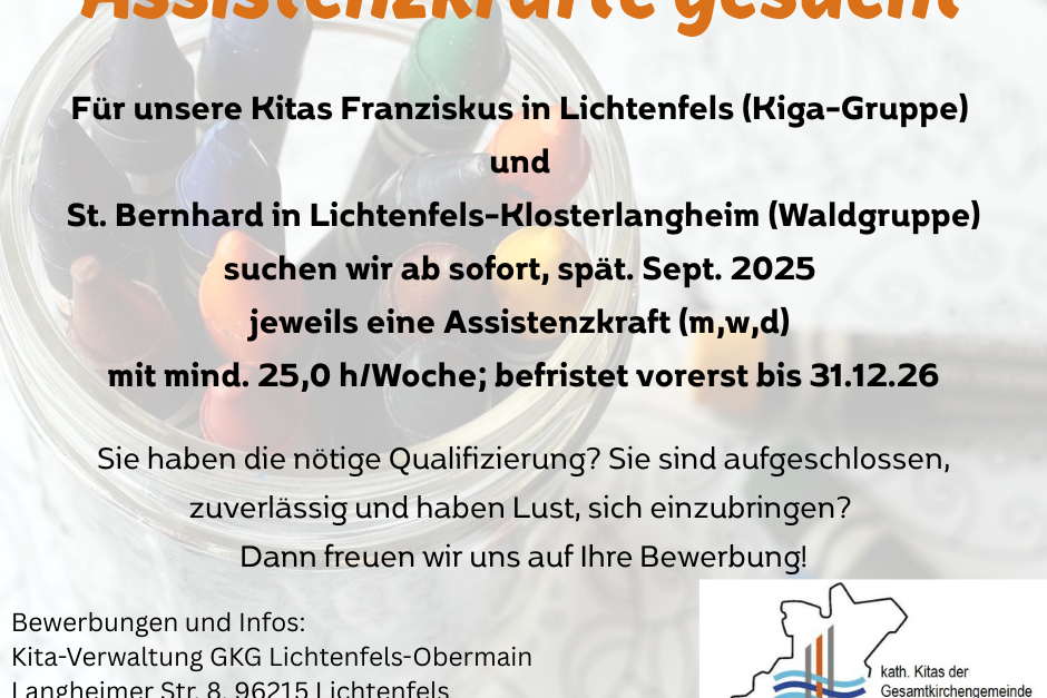 Stellenausschreibung für Assistenzkräfte in Kita Franziskus und St. Bernhard