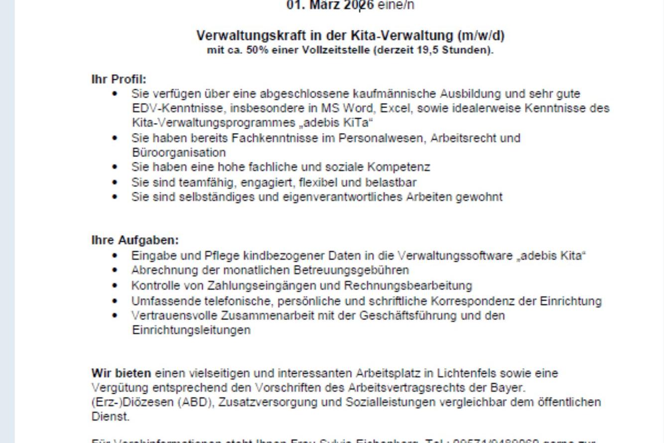 Stellenausschreibung Verwaltungskraft in der Kita-Verwaltung