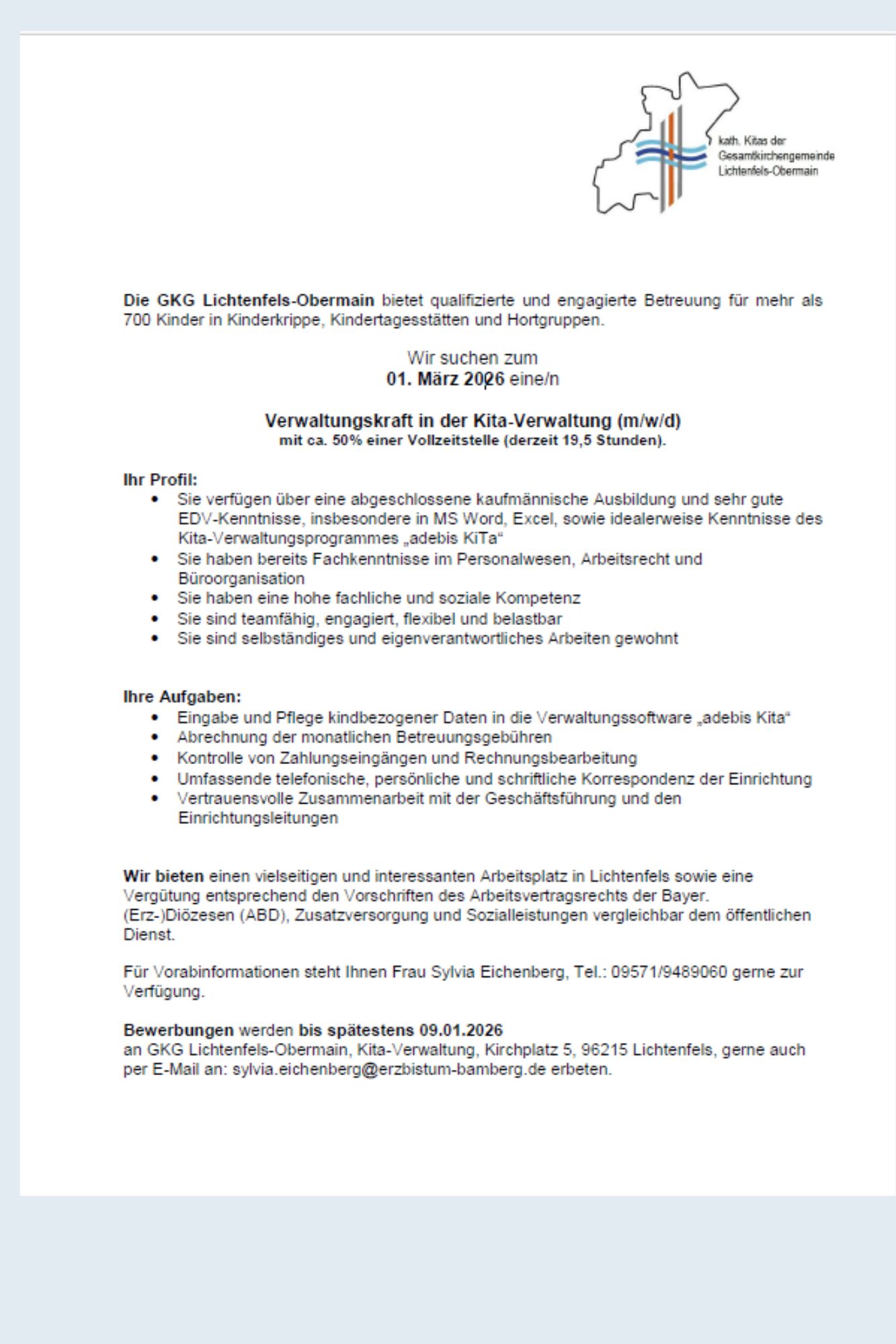 Stellenausschreibung Verwaltungskraft in der Kita-Verwaltung