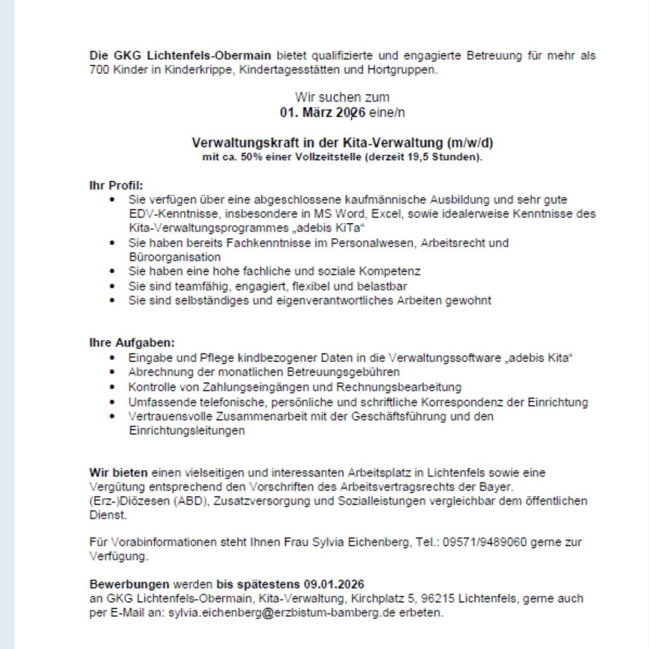 Stellenausschreibung Verwaltungskraft in der Kita-Verwaltung