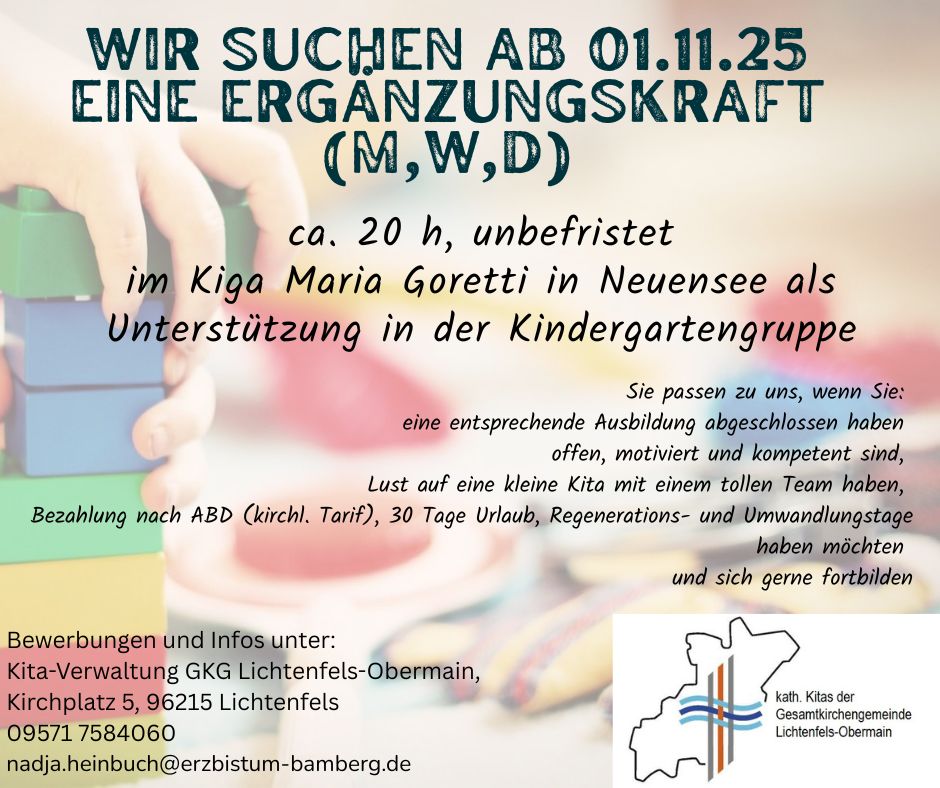 Stellenausschreibung Kita Maria Goretti, Ergänzungskraft