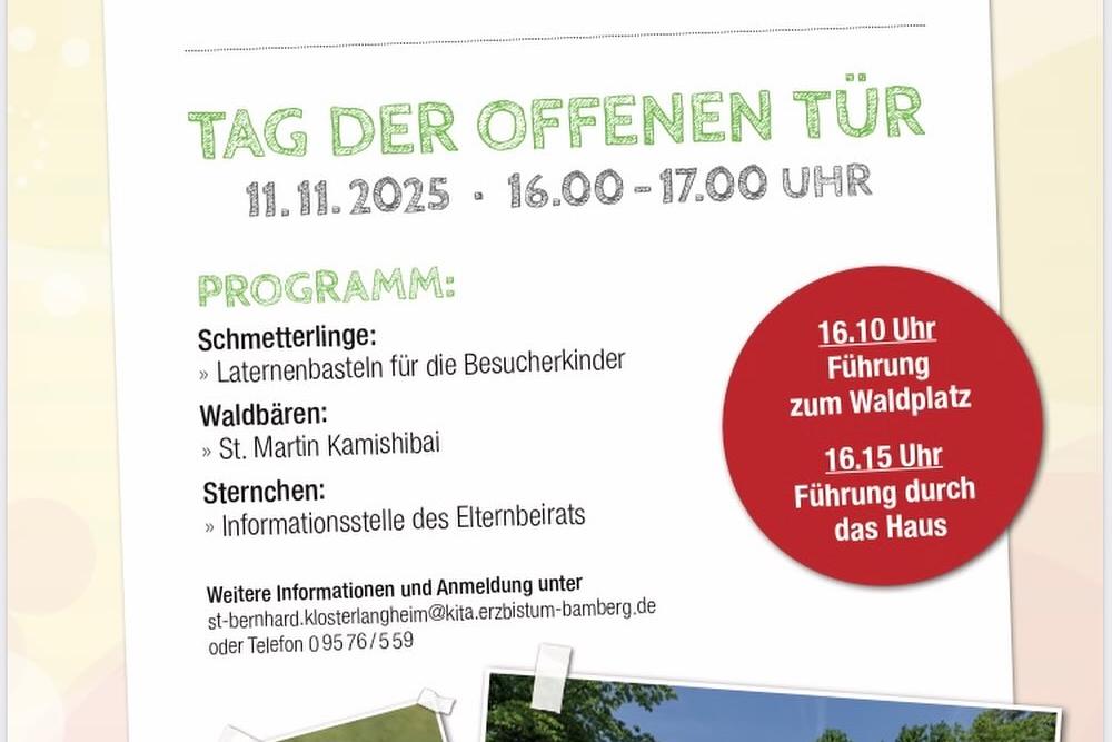 Einladung zum Tag der offenen Türe am 11.11.2025 von 16:00 - 17:00 Uhr im Kindergarten St. Bernhard, Lichtenfels-Klosterlangheim
