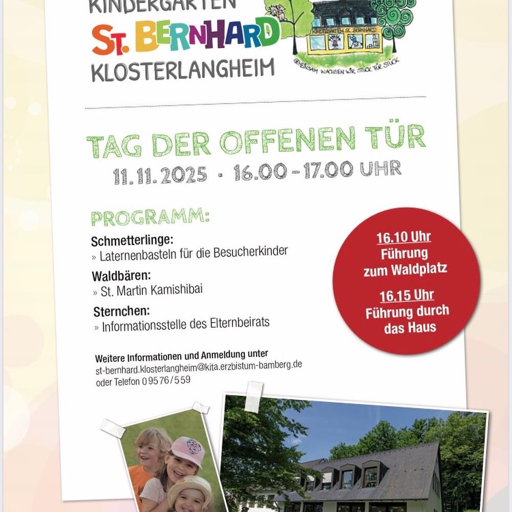 Einladung zum Tag der offenen Türe am 11.11.2025 von 16:00 - 17:00 Uhr im Kindergarten St. Bernhard, Lichtenfels-Klosterlangheim