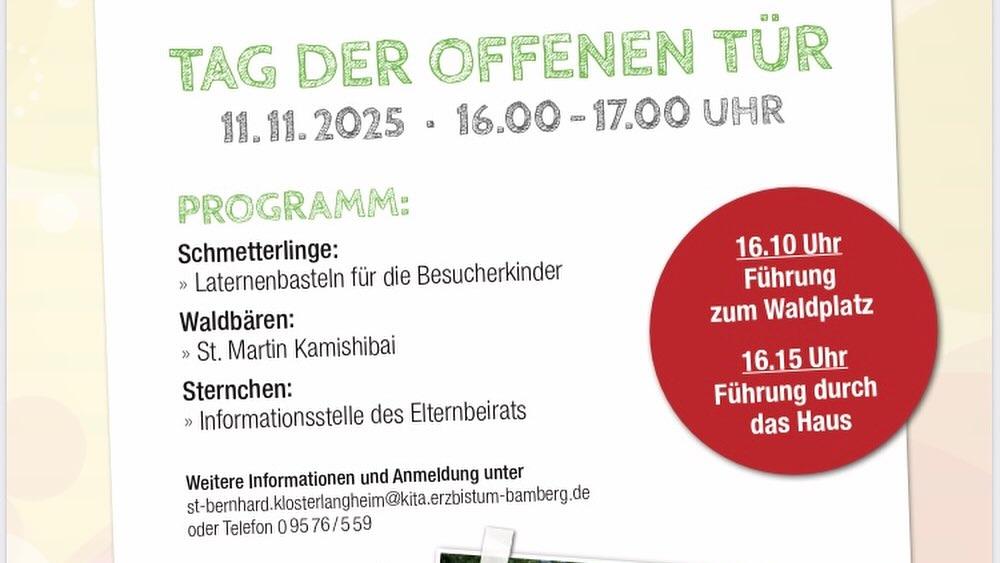 Einladung zum Tag der offenen Türe am 11.11.2025 von 16:00 - 17:00 Uhr im Kindergarten St. Bernhard, Lichtenfels-Klosterlangheim