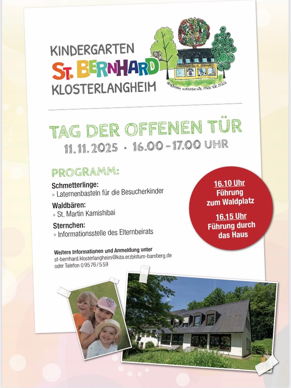 Einladung zum Tag der offenen Türe am 11.11.2025 von 16:00 - 17:00 Uhr im Kindergarten St. Bernhard, Lichtenfels-Klosterlangheim